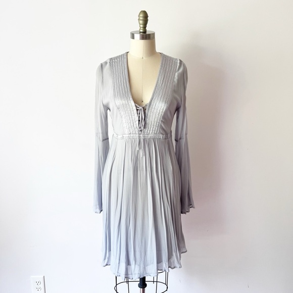 Anthropologie GHOST London Bell Sleeve Light Blue Gray Dress Button Back - Picture 2 of 9